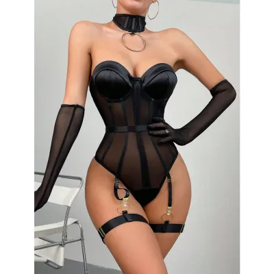 Women Fashion Solid Color Strapless Bodice Neck Ring Garter Sexy Lingerie Set