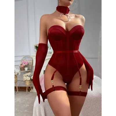 Women Fashion Solid Color Strapless Bodice Neck Ring Garter Sexy Lingerie Set