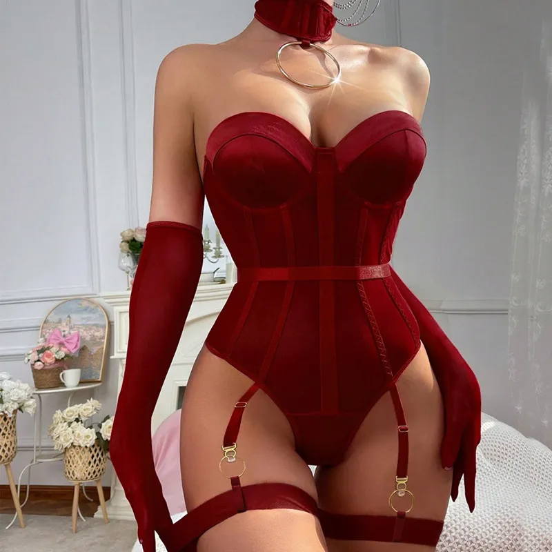 Women Fashion Solid Color Strapless Bodice Neck Ring Garter Sexy Lingerie Set