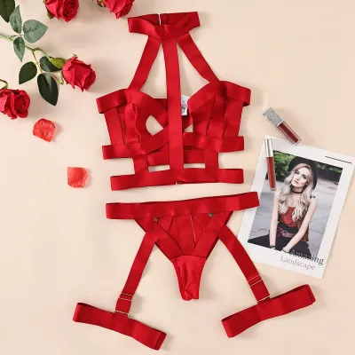 Women Fashion Solid Color Strap Hollow Halter-Neck Sexy Lingerie Set