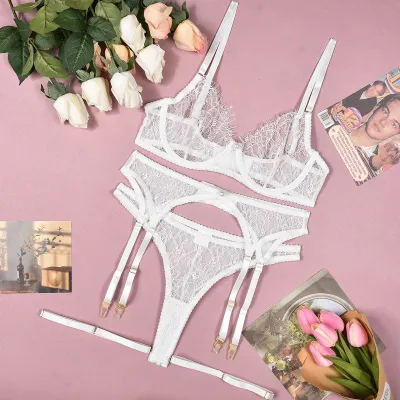 Women Fashion Solid Color Lace Stitching Mesh Perspective Sexy Lingerie Four-Piece Set