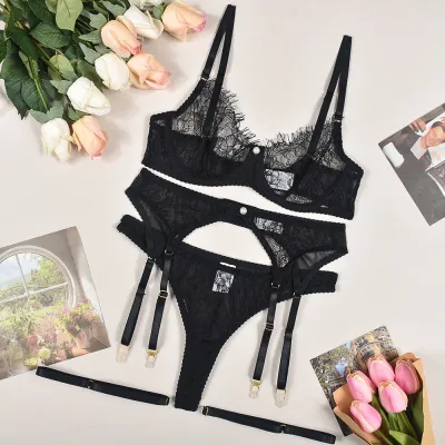 Women Fashion Solid Color Lace Stitching Mesh Perspective Sexy Lingerie Four-Piece Set