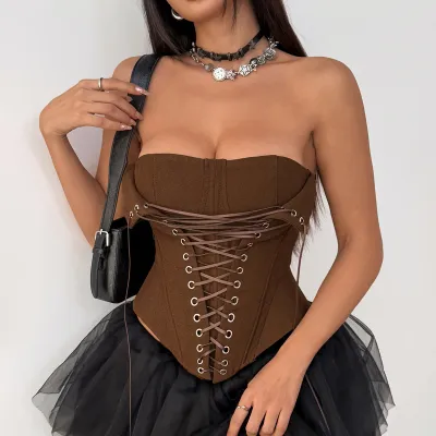 Women Fashion Sexy Solid Color Fishbone Lace-Up Corset Tube Top