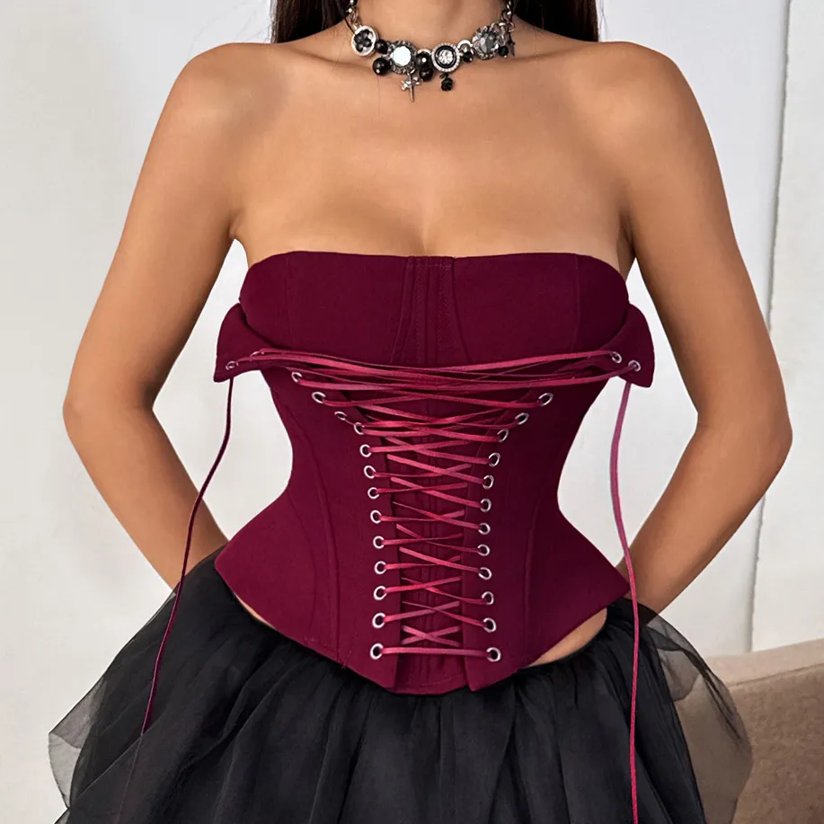 Women Fashion Sexy Solid Color Fishbone Lace-Up Corset Tube Top