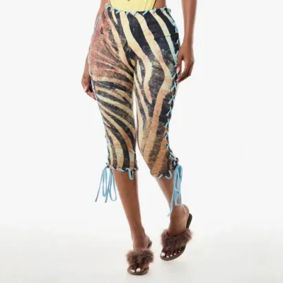 Women Fashion Digital Animal Print High Elastic Slim Fit Side Drawstring Cropped Pants