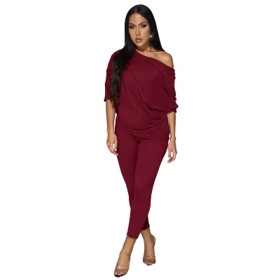 Women Fashion Casual Solid Color Single-Shoulder Batwing Sleeve Top Tight Pants Two-Piece Set