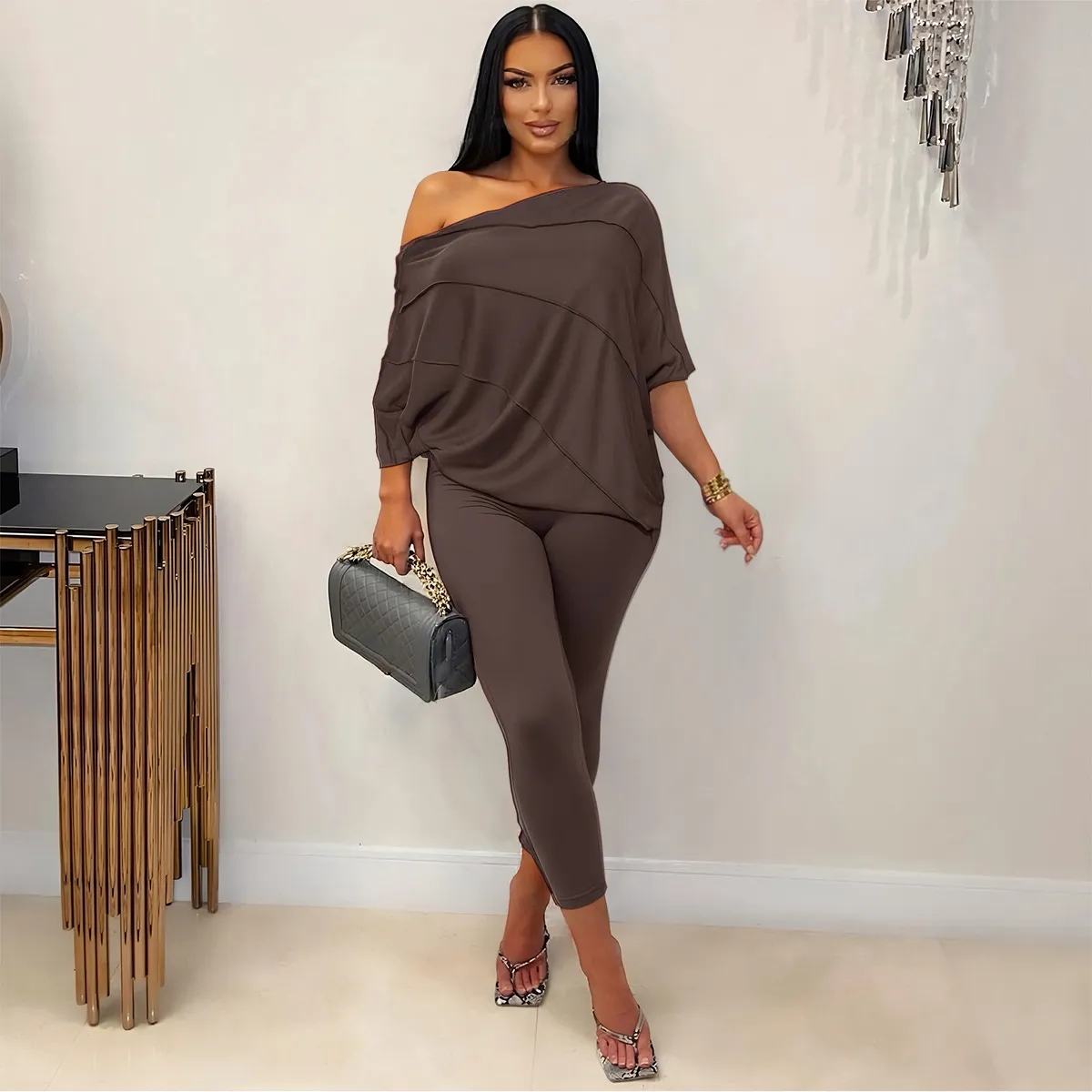 Women Fashion Casual Solid Color Single-Shoulder Batwing Sleeve Top Tight Pants Two-Piece Set