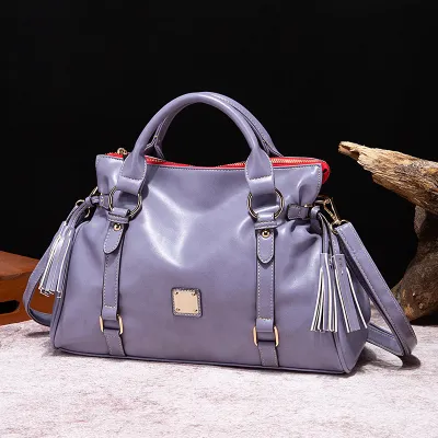 Women Fashion Solid Color Large Capacity Zipper Tassel Pendant PU Handbag