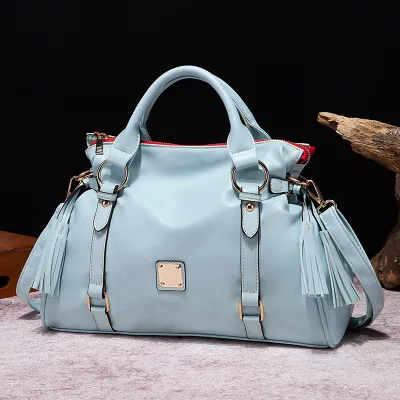 Women Fashion Solid Color Large Capacity Zipper Tassel Pendant PU Handbag