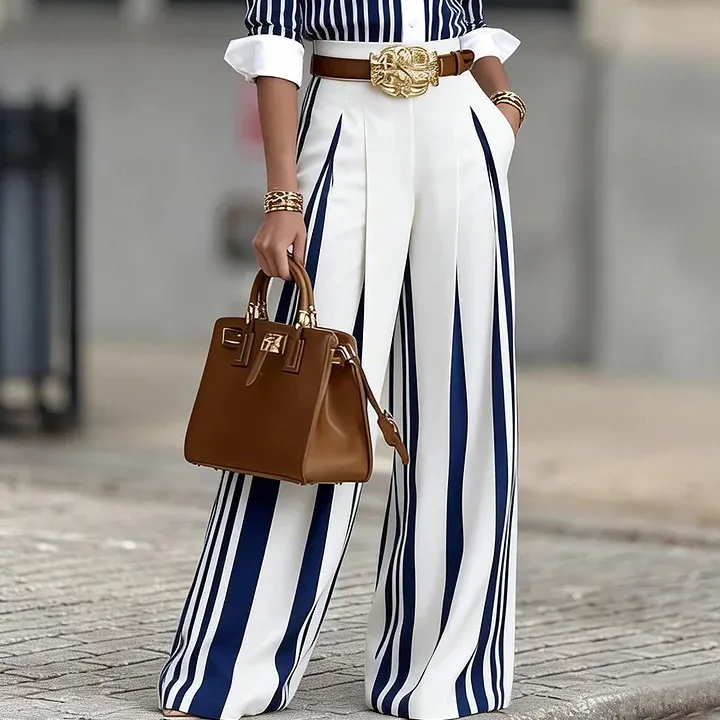 Women Fashion Casual Blue And White Stripe High Waist Wide Leg Pants