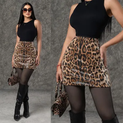 Women Fashion Sexy Leopard Sequins Shiny Tight Skirt
