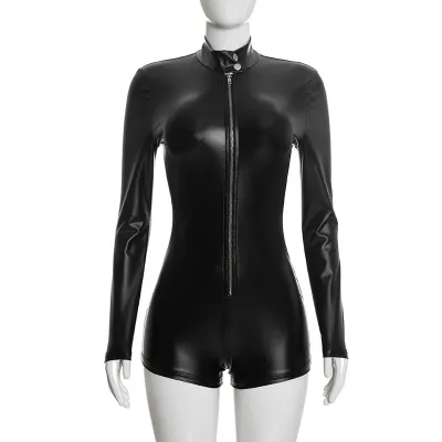Women Sexy Solid Color PU Leather Stand Collar Long Sleeve Zipper Rompers