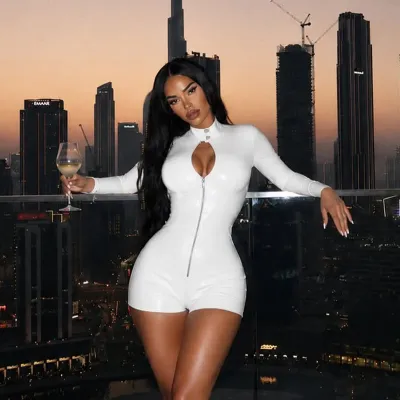 Women Sexy Solid Color PU Leather Stand Collar Long Sleeve Zipper Rompers