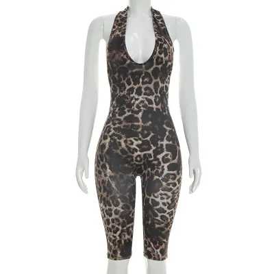 Women Sexy Leopard Print Halter Rompers
