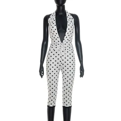Women Sexy Polar Dot Print Hanging Halter Backless V-Neck Rompers