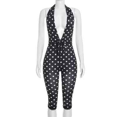 Women Sexy Polar Dot Print Hanging Halter Backless V-Neck Rompers