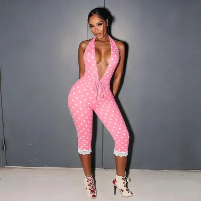 Women Sexy Polar Dot Print Hanging Halter Backless V-Neck Rompers