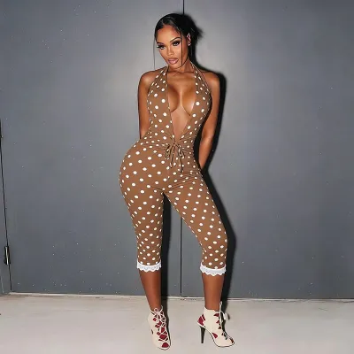 Women Sexy Polar Dot Print Hanging Halter Backless V-Neck Rompers
