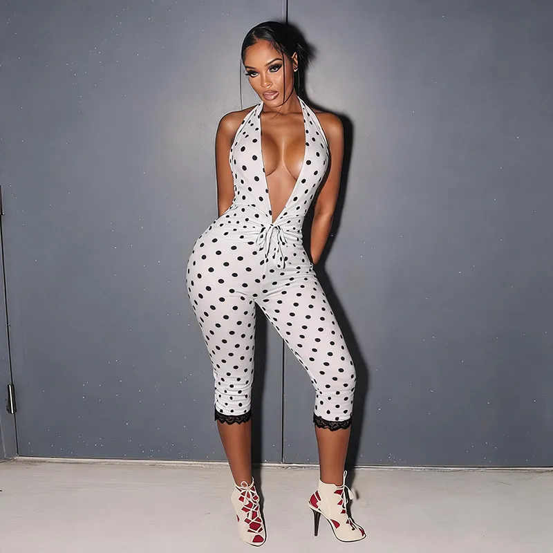 Women Sexy Polar Dot Print Hanging Halter Backless V-Neck Rompers
