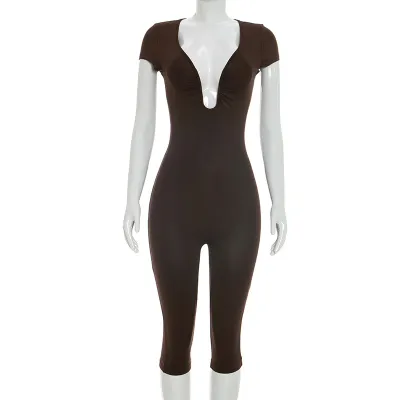 Women Solid Color Sexy U-Collar Rompers