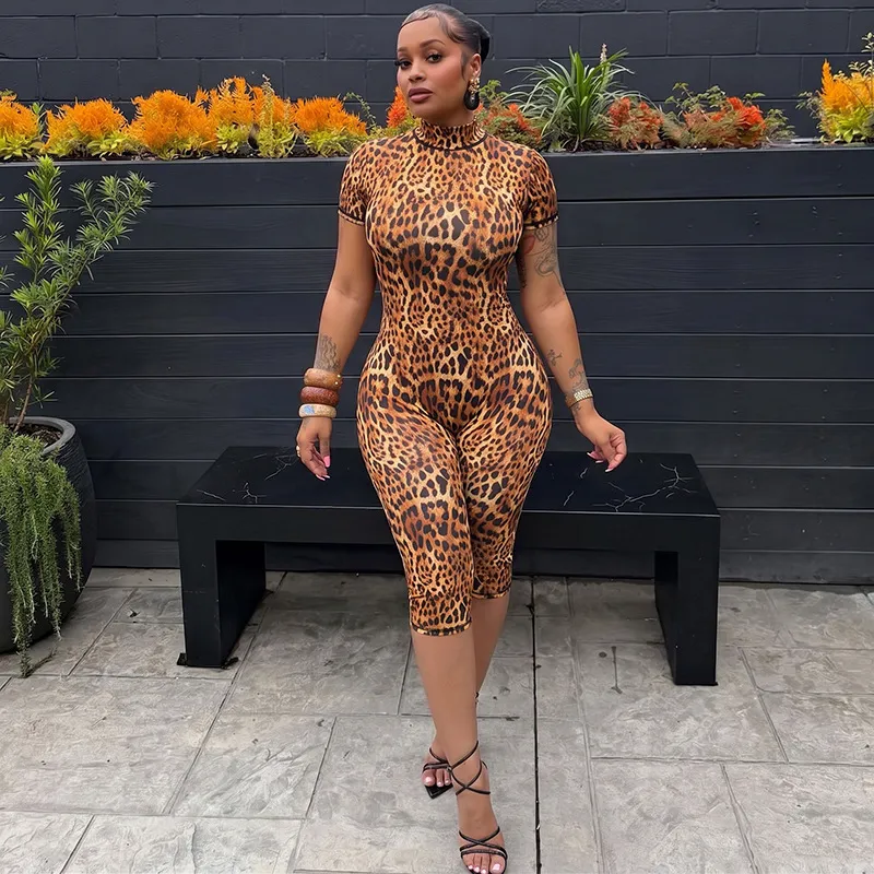Women Sexy Leopard Printed Short Sleeve Backless Rompers
