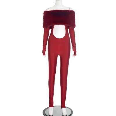 Autumn And Winter Women Sexy Imitation Fur Long Sleeve Hollow Jumpsuits