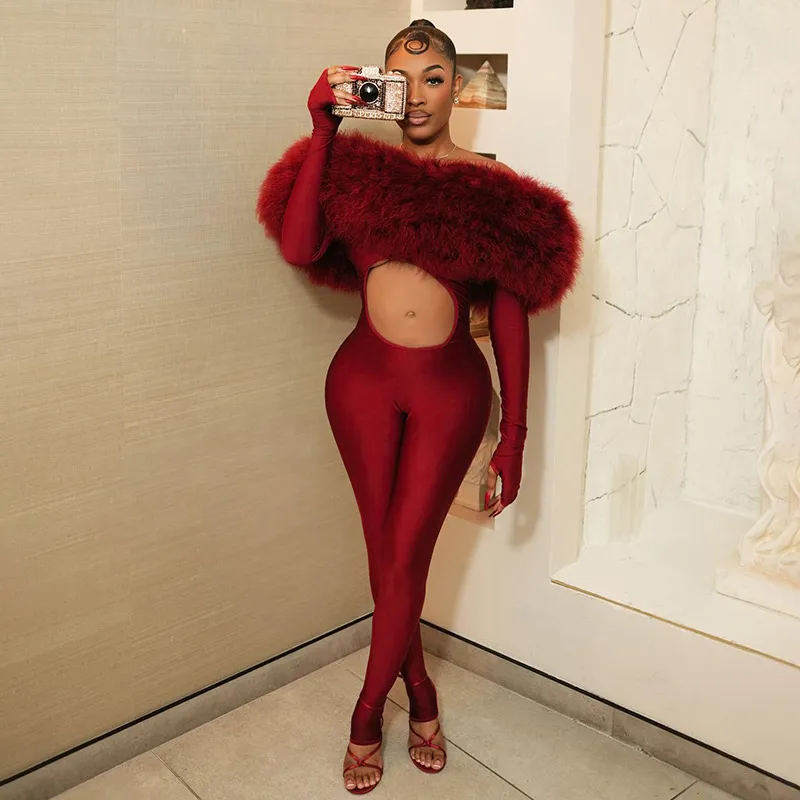 Autumn And Winter Women Sexy Imitation Fur Long Sleeve Hollow Jumpsuits