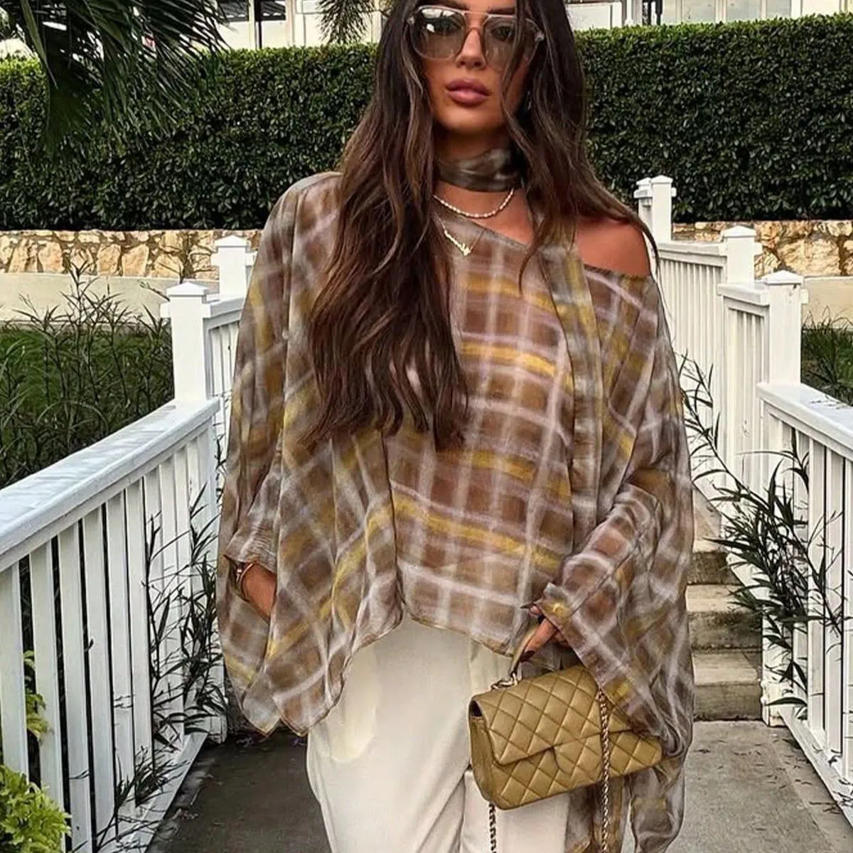 Women'S Fashion Spring And Autumn Plaid Scarf Cape Long-Sleeve Blouse