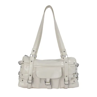 Women Fashion Retro Solid Color Motorcycle Multi-Metal Buckle Design Large Capacity Shoulder Bag