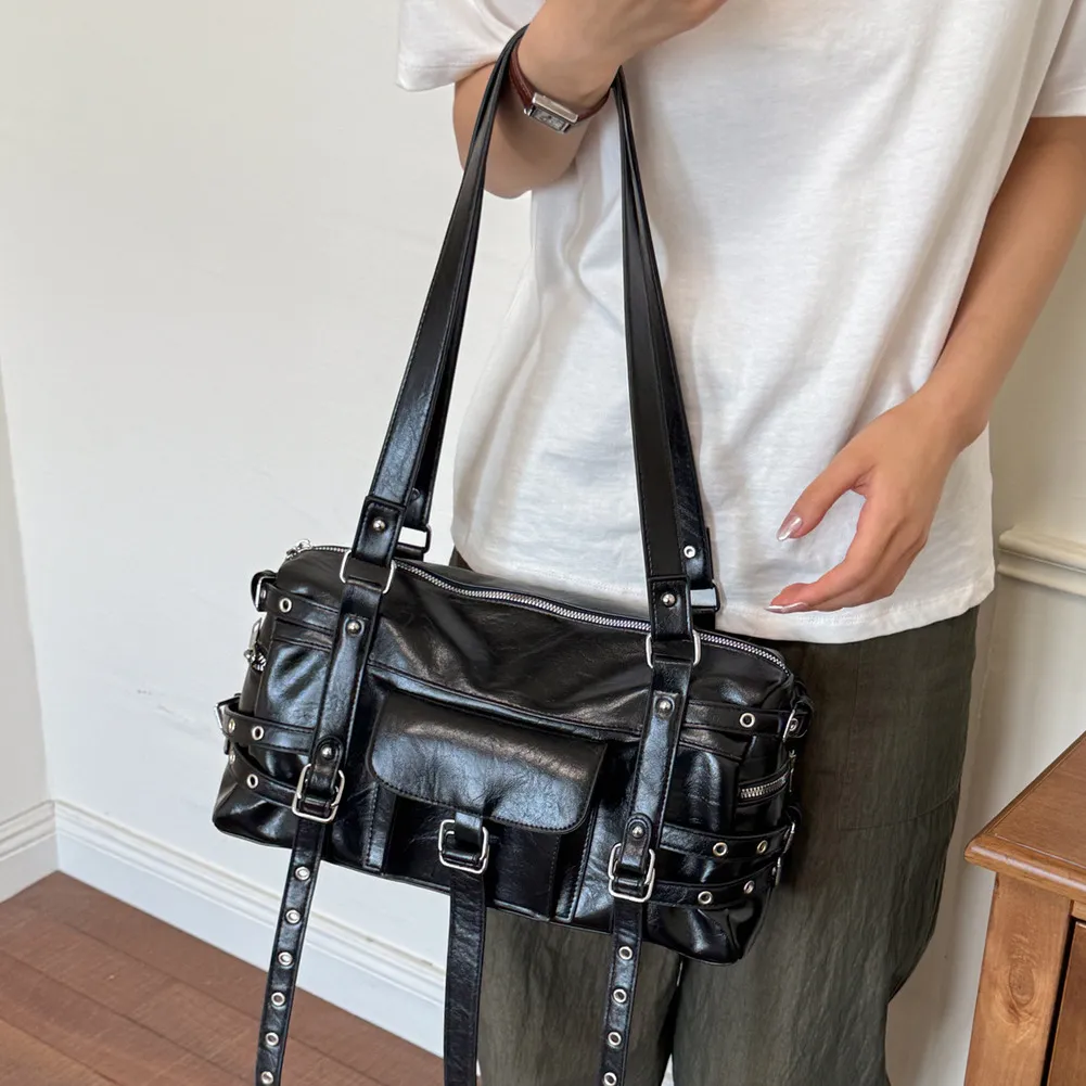 Women Fashion Retro Solid Color Motorcycle Multi-Metal Buckle Design Large Capacity Shoulder Bag
