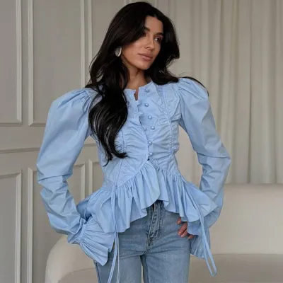 Women'S Fashion Spring Solid Color Pleated Irregular Ruffled Horn Sleeve Blouse