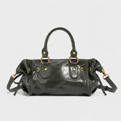Women Fashion Punk Style Solid Color Rivet Oil Wax Leather Handbag