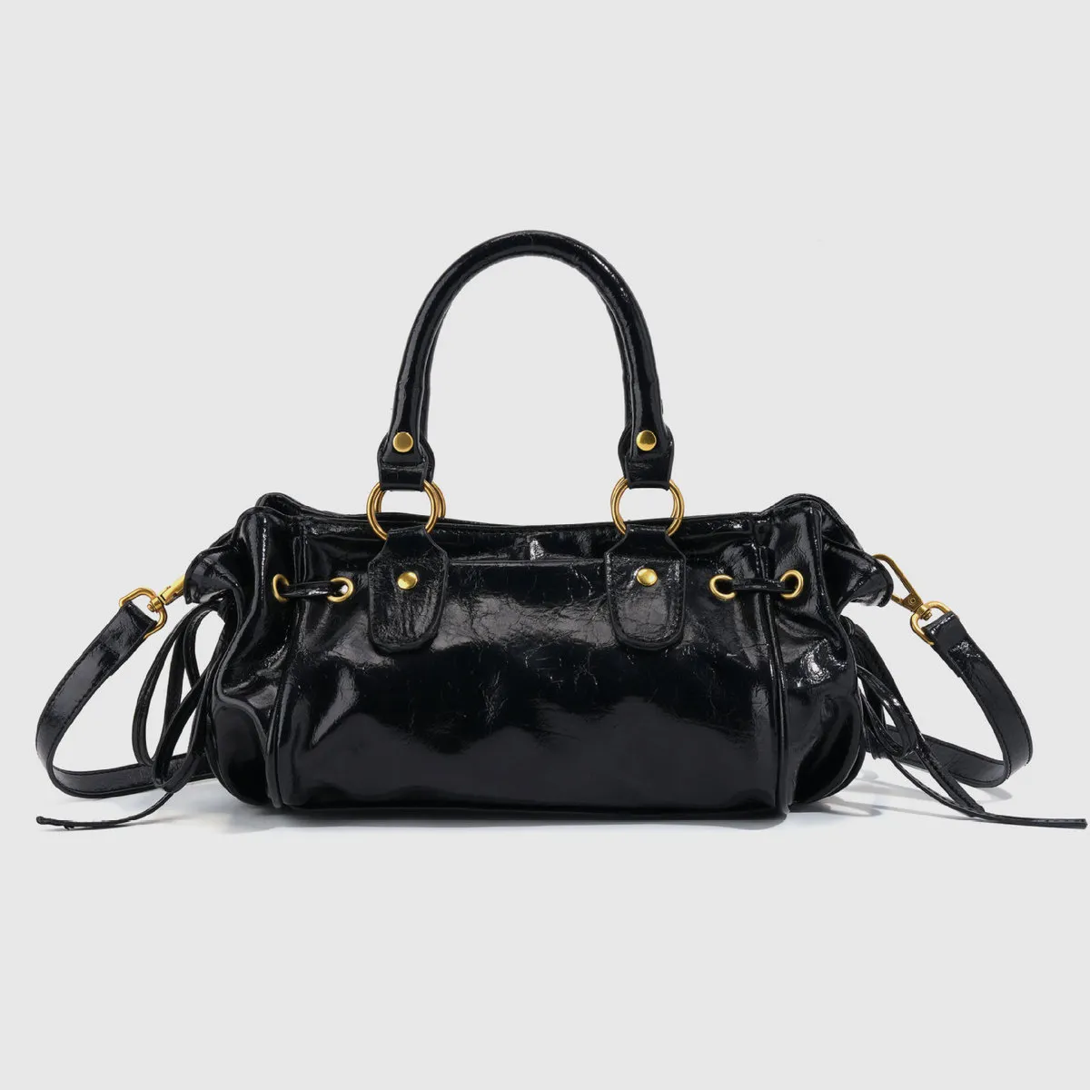 Women Fashion Punk Style Solid Color Rivet Oil Wax Leather Handbag