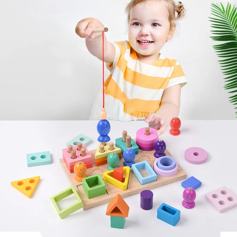 Geometric Matching Set Column Building Blocks Fishing Early Educational Toys