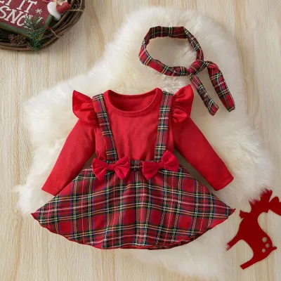 Christmas Kids Baby Girls Fahion Plaid Long-Sleeve Dress Hairband Two-Piece Set