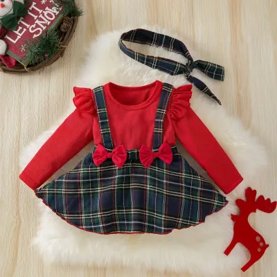 Christmas Kids Baby Girls Fahion Plaid Long-Sleeve Dress Hairband Two-Piece Set