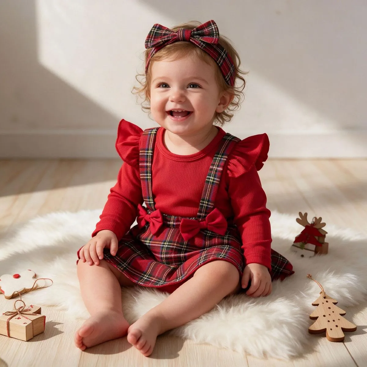 Christmas Kids Baby Girls Fahion Plaid Long-Sleeve Dress Hairband Two-Piece Set