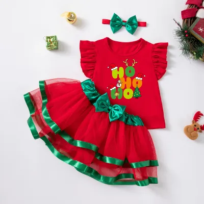 Christmas Kids Girls Fashion Printed Short-Sleeve T-Shirt Mesh Skirt Hairband Three-Piece Set