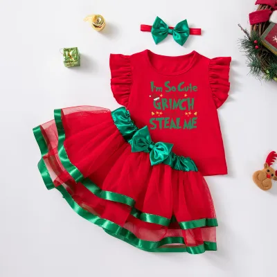 Christmas Kids Girls Fashion Printed Short-Sleeve T-Shirt Mesh Skirt Hairband Three-Piece Set