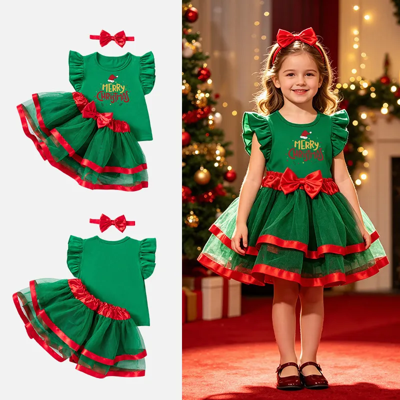 Christmas Kids Girls Fashion Printed Short-Sleeve T-Shirt Mesh Skirt Hairband Three-Piece Set