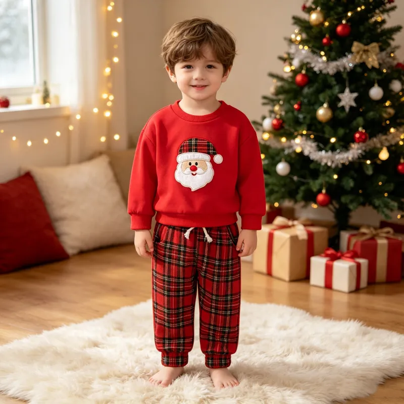 Christmas Kids Baby Boy'S Fashion Red Santa Claus Embroidered Long-Sleeve Sweatshirt Plaid Pants Two-Piece Set