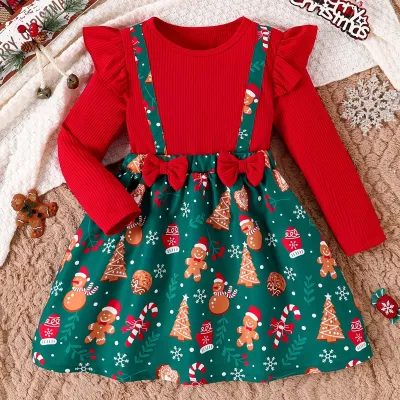 Christmas Kids Girl'S Fashion Christmas Tree Print Ruffled Bow Long-Sleeve Dress