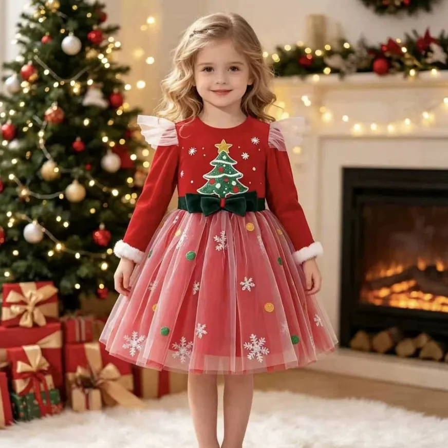 Christmas Kids Girls Fashion Printed Velvet Plush Flying Sleeve Star Mesh Dress
