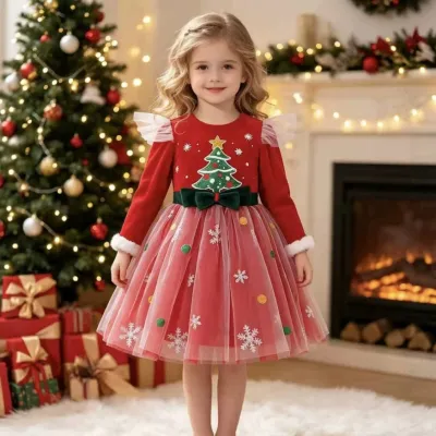 Christmas Kids Girls Fashion Printed Velvet Plush Flying Sleeve Star Mesh Dress