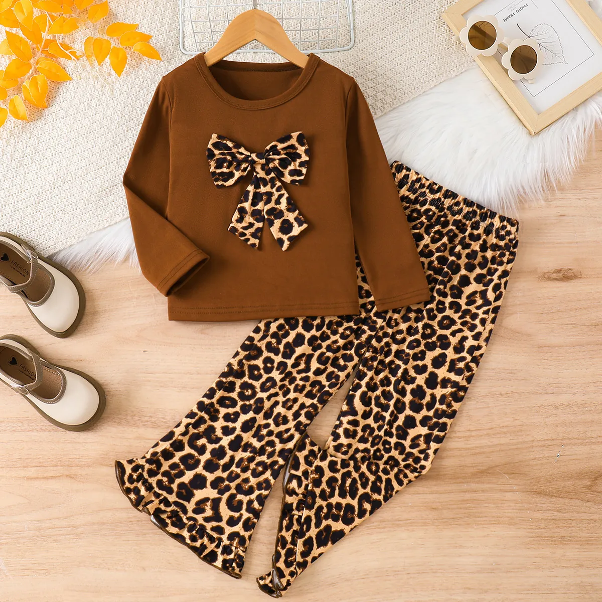 Kids Girl'S Fashion Casual Autumn Leopard Bow Long-Sleeve Sweatshirt Loose Pants Two-Piece Set