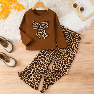 Kids Girl'S Fashion Casual Autumn Leopard Bow Long-Sleeve Sweatshirt Loose Pants Two-Piece Set