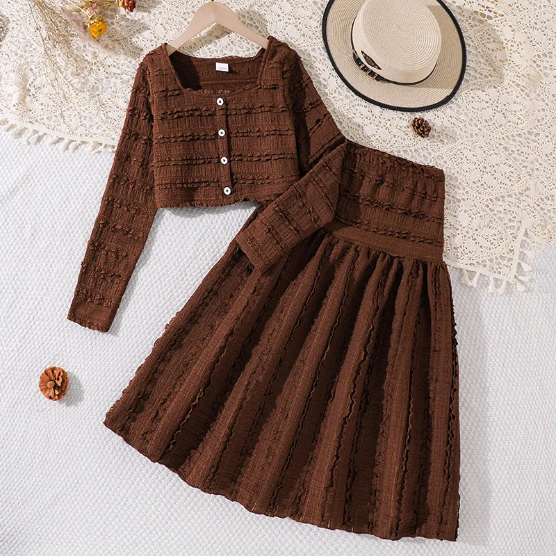 Kids Girls' Fashion Solid Color Square Collar Long Sleeve Top Tight Waist Maxi Skirt Two-Piece Set