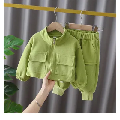 Kids Boys And Girls Fashion Casual Spring And Autumn Solid Color Long-Sleeve Zipper Jacket Pants Two-Piece Set