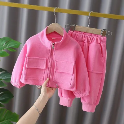 Kids Boys And Girls Fashion Casual Spring And Autumn Solid Color Long-Sleeve Zipper Jacket Pants Two-Piece Set