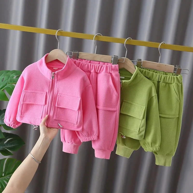 Kids Boys And Girls Fashion Casual Spring And Autumn Solid Color Long-Sleeve Zipper Jacket Pants Two-Piece Set